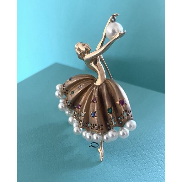 Tiffany & Co. Pearl Multi Gemstone Diamond 14k Gold Ballerina Dancer Brooch Pin - Picture 1 of 16